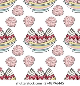 Seamless vector pattern of delightful strawberry ice cream scoops and banana splits, decorated with cherry blossoms.