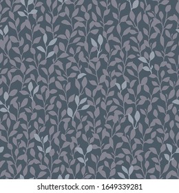 Seamless vector pattern with dense allover hand-drawn leaves in grey and blue on a dark grey background. Lush modern botanical repeat great for textiles, packaging, wrapping paper, gifts, home decor.