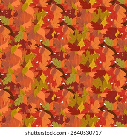 Seamless vector pattern of densely packed, overlapping autumn leaves in a vibrant red, orange, yellow, green, and brown tones. Features various leaf shapes, creating a rich fall background.