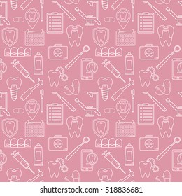 Seamless vector pattern in a dental linear style. Background for web site dental clinic. Orthodontics, implants. Dental pattern. Dental background.