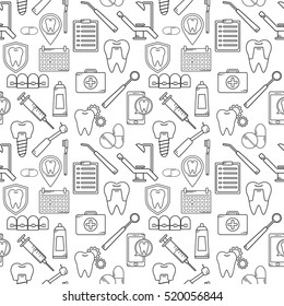 Seamless vector pattern in a dental linear style. Background for web site dental clinic. Orthodontics, implants.