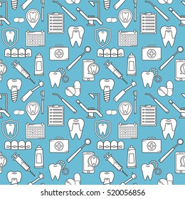 Seamless vector pattern in a dental linear style. Background for web site dental clinic. Orthodontics, implants.
