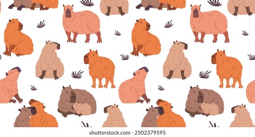 Seamless vector pattern depicting capybaras in various poses: sitting, standing and a cub with its mother. This cartoon style conveys the charm of these animals