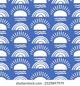 A seamless vector pattern depicting coastal sunrises in a simple, hand-drawn style. Isolated on a white background, ideal for fabric prints, wallpapers, or stationery.