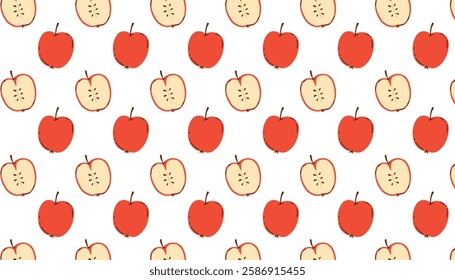 Seamless vector pattern depicting a juicy whole apple and its slices. For wallpaper design, textiles, postcards, posters, banners. For the kitchen