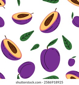 Seamless vector pattern depicting a juicy ripe plum and its slices. For wallpaper design, textiles, postcards, posters, banners. For the kitchen