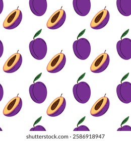 Seamless vector pattern depicting a juicy ripe plum and its slices. For wallpaper design, textiles, postcards, posters, banners. For the kitchen