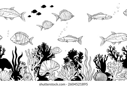 A seamless vector pattern depicting a outlines underwater scene with colorful tropical fish swimming among coral reefs, seaweed, and marine flora