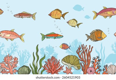 A seamless vector pattern depicting a vibrant underwater scene with colorful tropical fish swimming among coral reefs, seaweed, and marine flora on a light blue background