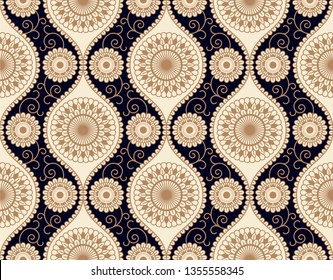 seamless vector pattern design with circular light floral ornament on a dark blue background. seamless template in swatch panel