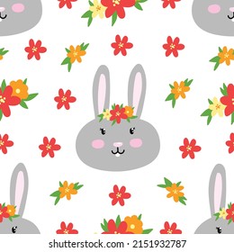 Seamless vector pattern design with cute bunny. Hand drawn seamless background with rabbits and flowers. Seamless textile design for kids