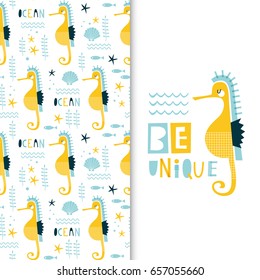 Seamless vector pattern and design elements with cute seahorse and stars. For cards, t-shirt prints, party invitations, scrapbook, summer holidays. Vector illustration in yellow and blue colors.