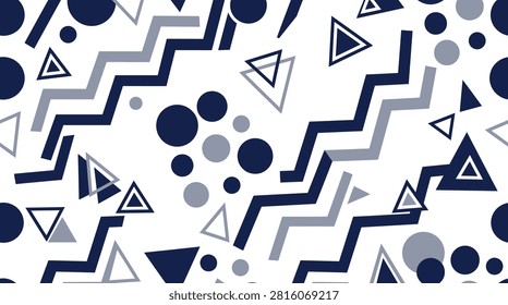 Seamless vector pattern design featuring geometric zigzags and triangular shapes in dark blue and grey on white background.