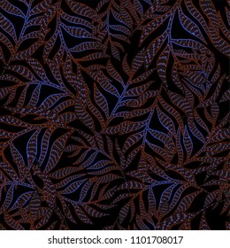 Seamless vector pattern design. Foliage texture on dark
Tropical palm leaves endless background.