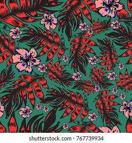 Seamless vector pattern design. Foliage texture
Endless background for different surfaces. Leaves. Tropical palm leaves.