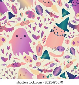 Seamless vector pattern design with Halloween attributes ghosts, cats, pumpkins, spiders and skulls in pastel tones. Perfect for decorations, textiles, advertisements, wrapping paper, background