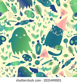 Seamless vector pattern design Halloween attributes ghosts, cats, pumpkins, spiders and skulls in green tones. Perfect for decorations, textiles, advertisements, wrapping paper, background