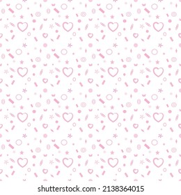 Seamless vector.
Pattern design, heart, stars, circles, squares, various sizes, using pink on a white background. 
Suitable for destroying fabrics, textiles, mugs, gifts paper.