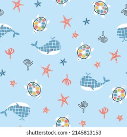 seamless vector pattern design illustration star fish, jellyfish, whale and turtle