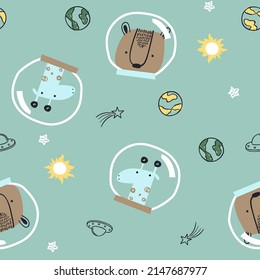seamless vector pattern design illustration animals in the sky, space, bear, giraffe, planets, alien space