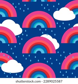 Seamless Vector Pattern Design, Illustration, Colorful, Childish, Cheerful, Friendly, Background, Editable, Fashion, Clothes, Rainbows, Clouds, Rain, Scandinavian, Retro, LGBTQ