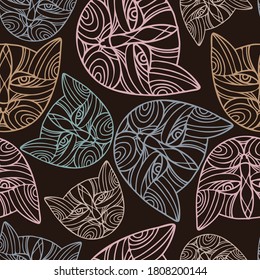 Seamless vector pattern design of lined ornamental abstract cat on dark background. The design is perfect for textiles, backgrounds, decorations, wallpaper, wrapping paper, banner