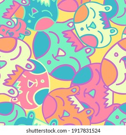 Seamless vector pattern design of lined cute ornamental abstract cats in bright pastel colors. The design is perfect for textiles, backgrounds, decorations, wallpaper, wrapping paper, banner