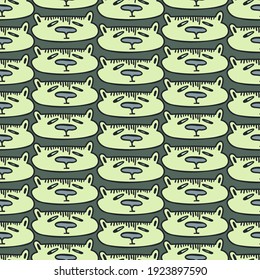 Seamless vector pattern design of lined cute ornamental abstract cats in green tones. The design is perfect for textiles, backgrounds, decorations, wallpaper, wrapping paper, banner