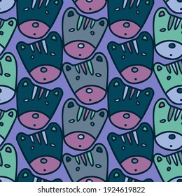 Seamless vector pattern design of lined cute ornamental abstract tiger cats in blue and purple tones. The design is perfect for textiles, backgrounds, decorations, wallpaper, wrapping paper, banner
