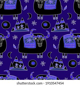 Seamless vector pattern design of ornamental cute lined bull and mountains in dark black and violet symbol taurus zodiac sign. The design is perfect for stickers, logos, decorations, tattoos, badges