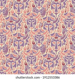 Seamless vector pattern design of ornamental lined bull symbol in pastel pink and purple tones. The design is perfect for wrapping paper, textiles, wallpaper, packaging