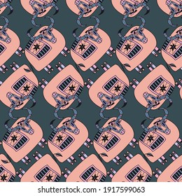 Seamless vector pattern design of ornamental cute lined bull in lines in pastel pink on dark background symbol taurus sign in lines. The design is perfect for backgrounds, textiles, wrapping paper