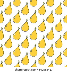 Seamless vector pattern for design and print. Bright yellow pears. Black outline with uneven fills