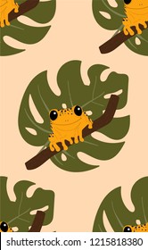 Seamless vector pattern design with small yellow dart frog on a monstera palm leaf. Cute frog repeat pattern.