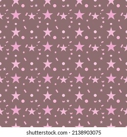Seamless vector.
Pattern design, stars, circles, squares, various sizes, using pink on a purple background. 
Suitable for destroying fabrics, textiles, mugs, gifts paper, wallpaper and children's toys