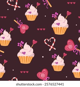 Seamless vector pattern design for wrapping paper for gift, preseents with sweets. Childish print for wrapping paper, party invitation and background