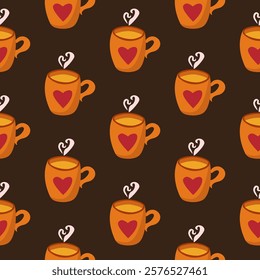 Seamless vector pattern design for wrapping paper for gift, preseents with cup of tea with little heart