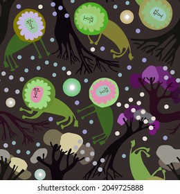 Seamless vector pattern design with yellow stylised lions and trees in dark tones. The design is perfect for decorations, backgrounds, wrapping paper, textiles and fabrics
