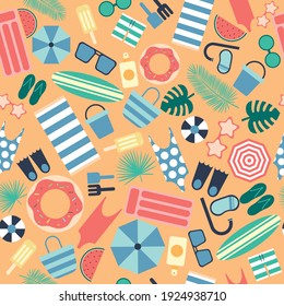 Seamless vector pattern designed with elements of the beach or pool in summer, such as swimsuits, sunglasses, towel, umbrellas, ball, among other objects on an orange background