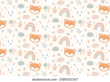 A seamless vector pattern designed specifically for baby clothes, featuring a soft, minimal, and playful aesthetic. The pattern is created in a flat, modern style with bunnies and foxes.