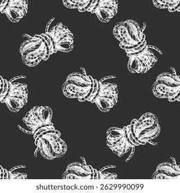 Seamless vector pattern with detailed hand drawn mountaineering rope illustrations. White ink sketch style on black chalkboard background. Perfect for camping gear, hiking apparel, adventure branding.