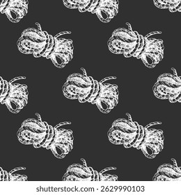 Seamless vector pattern with detailed hand drawn mountaineering rope illustrations. White ink sketch style on black chalkboard background. Perfect for camping gear, hiking apparel, adventure branding.