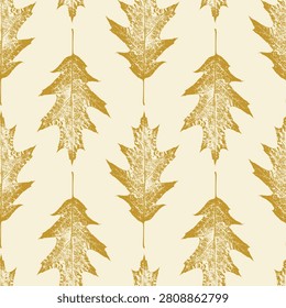 Seamless vector pattern with detailed oak leaf skeletons arranged in vertical rows on a cream background, ideal for elegant textile design, autumn wrapping paper, warm fashion apparel, wallpaper