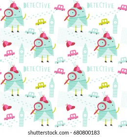 Seamless vector pattern: Detective Bug. Doodle vector illustration for kids. Fashion baby print in pink, green and turquoise colors. For cards, t-shirt prints, birthday, party invitations, scrapbook