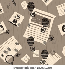 Seamless vector pattern of detective investigation. Traces of crime. Evidence photo, information in the newspaper, traces. Crime investigation concept. Flat vector illustration.