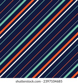 Seamless vector pattern with diagonal stripes in orange, green, dark blue and beige color. Simple retro geometric background texture. Abstract repeat design inspired by 1970s and 1980s fashion