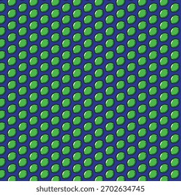 Padrão vetorial contínuo de limões verdes inteiros estilizados na diagonal. As ilustrações simplificadas dos citrinos têm um contorno preto distinto e um destaque brilhante, fundo azul