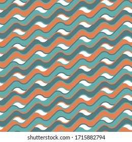 Seamless vector pattern. Diagonal teal and orange wavy stripes on white background. 