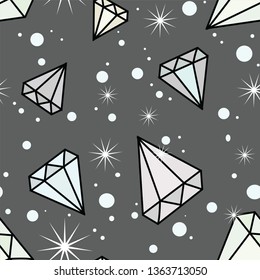 Seamless vector pattern with diamonds on dark grey background with stars and circles. Good for printing. Wallpaper and textile idea. Wrapping paper design.