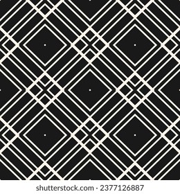 Seamless vector pattern with diamond-shaped geometric lattice; white thin lines forming grid design on black backdrop for texture, abstract backgrounds, and repeat minimalist ornament projects